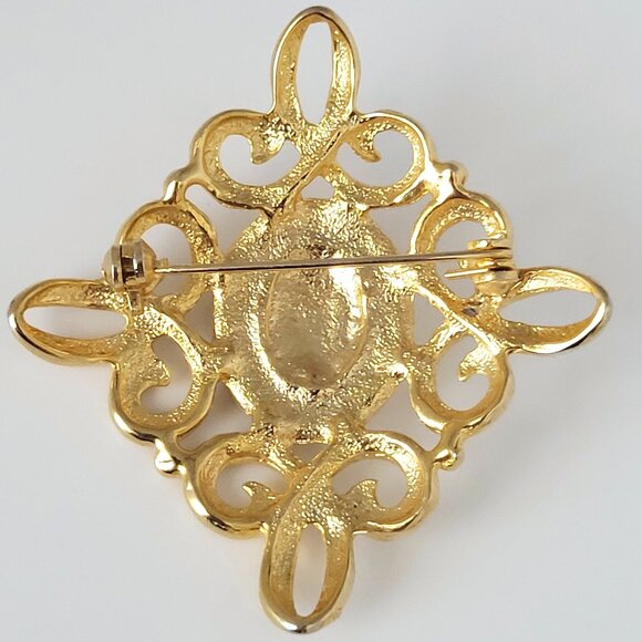 Filigree Open Work Scroll Brooch Oval Faux Pearl 2.5" Unsigned - Picture 5 of 6